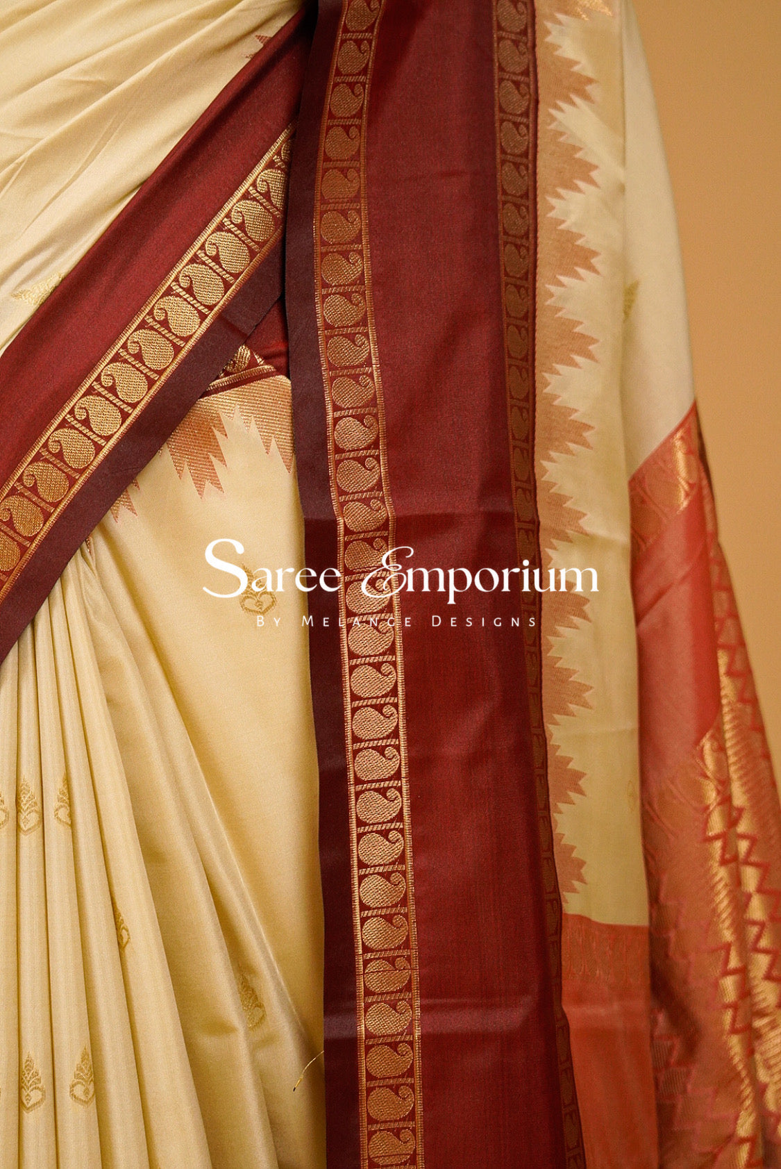 
Semi Silk Saree For Women Cream with a Deep Maroon-Red Side View.