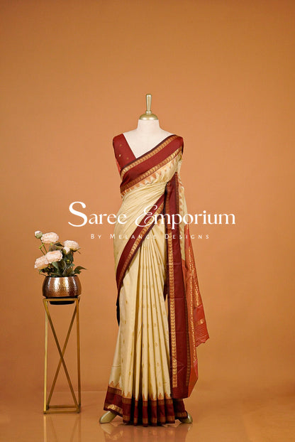 Semi Silk Saree For Women Cream with a Deep Maroon-Red 