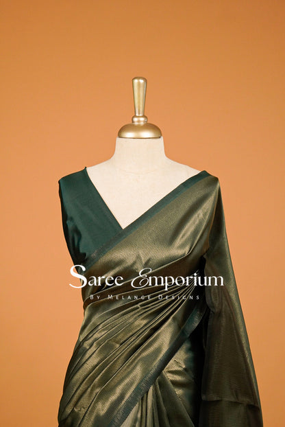 Semi Silk Saree For Women Bottle Green Close Up.