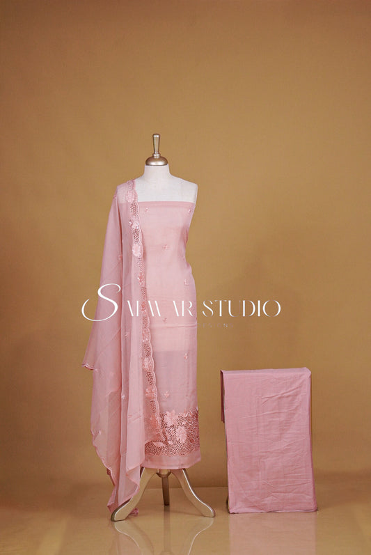 Shiffon Cutwork Unstitched Salwar Suit Material Blush Pink.