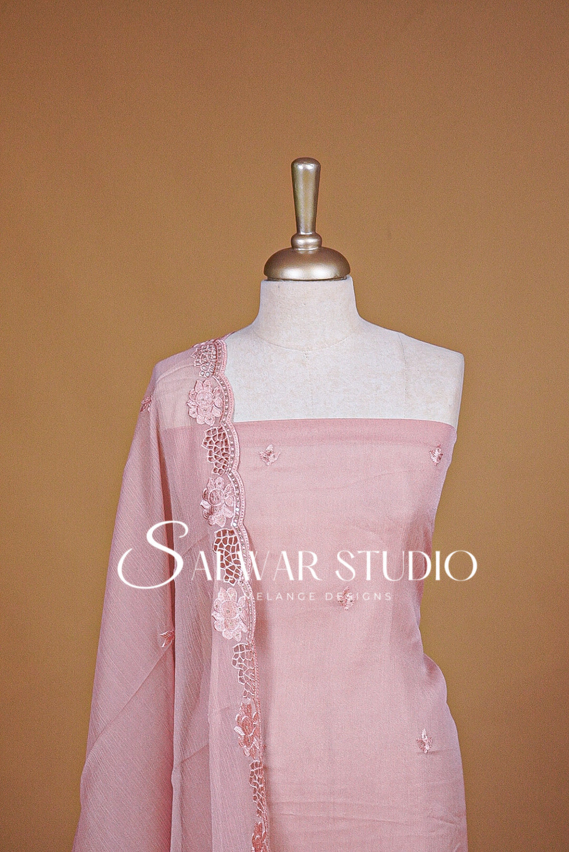 Shiffon Cutwork Unstitched Salwar Suit Material Blush Pink Close View.