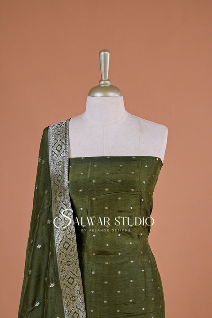 Silk Banarasi Unstitched Salwar Suit Dress Material Dark Moss Green AC0201