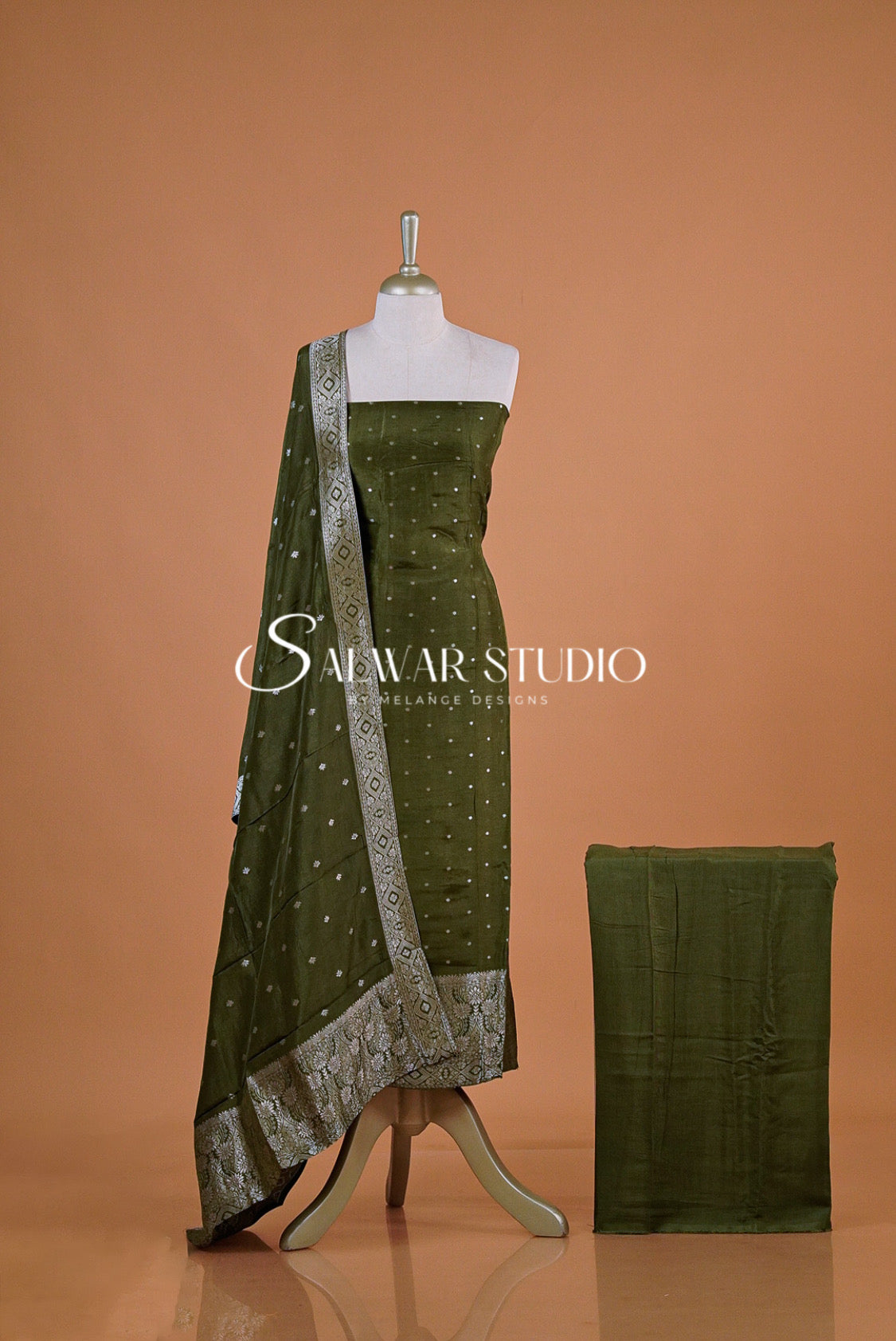 Silk Banarasi Unstitched Salwar Suit Dress Material Dark Moss Green AC0201