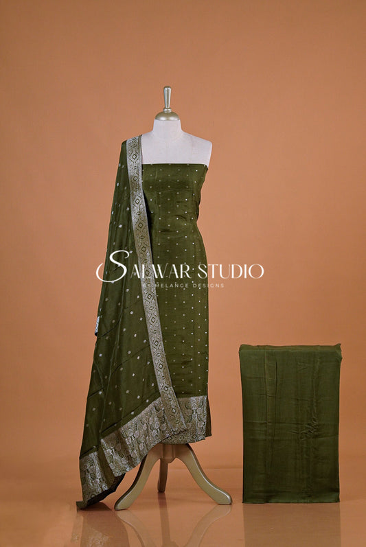 Silk Banarasi Unstitched Salwar Suit Dress Material Dark Moss Green AC0201