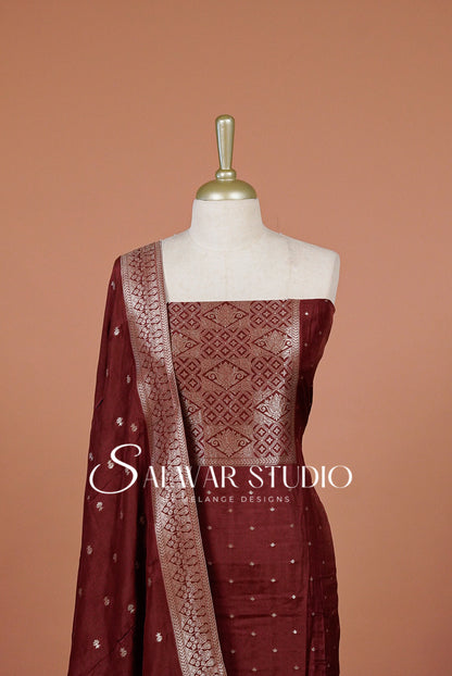 Silk Banarasi Unstitched Salwar Suit Dress Material Deep Maroon  AC0338