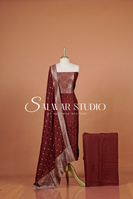 Silk Banarasi Unstitched Salwar Suit Dress Material Deep Maroon  AC0338
