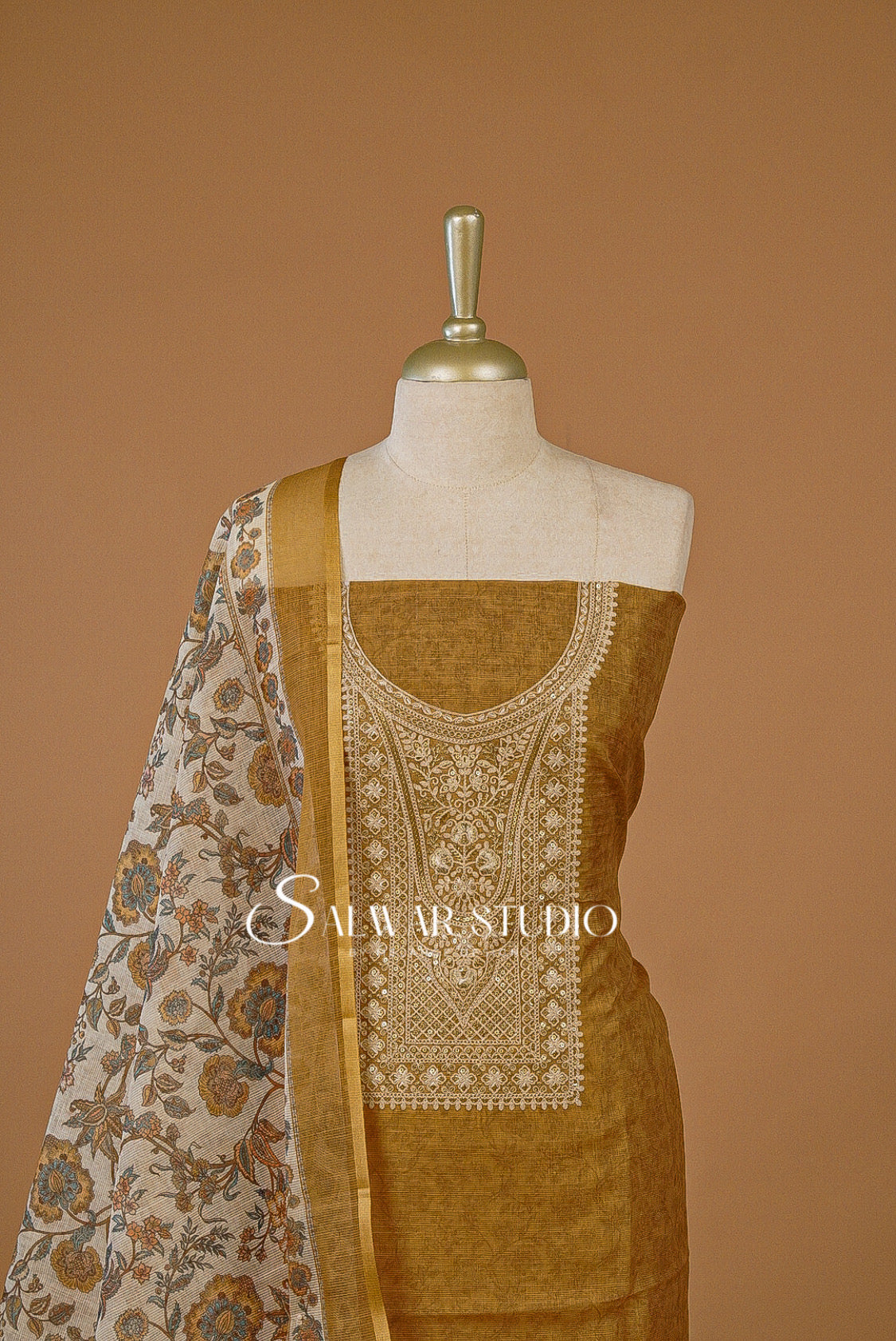 Silk Embroidery Unstitched Salwar Suit Dress Material Bronze AC0209