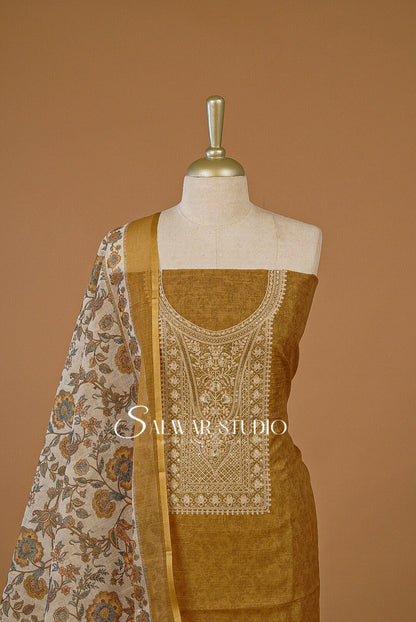 Silk Embroidery Unstitched Salwar Suit Dress Material Bronze AC0209