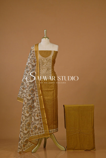 Silk Embroidery Unstitched Salwar Suit Dress Material Bronze AC0209