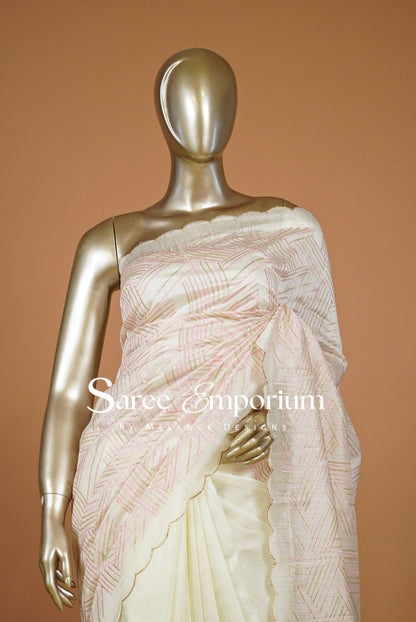 Silk Embroidery Saree For Women Ivory & Blush Pink