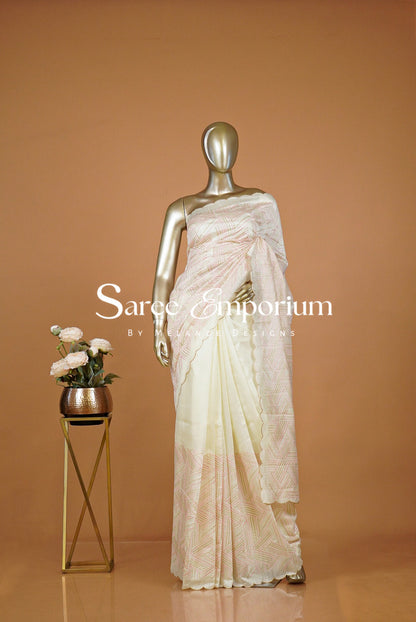 Silk Embroidery Saree For Women Ivory & Blush Pink