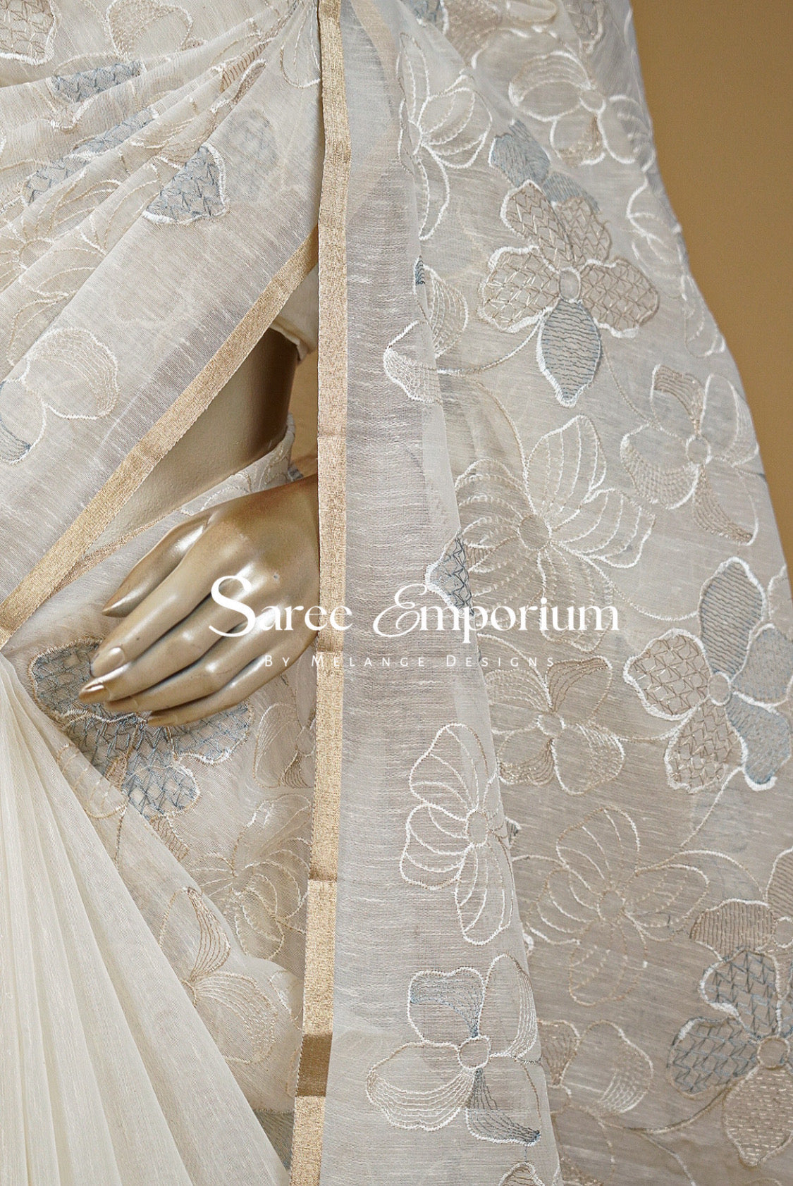 Silk Embroidery Saree For Women Off White and Powder Blue 