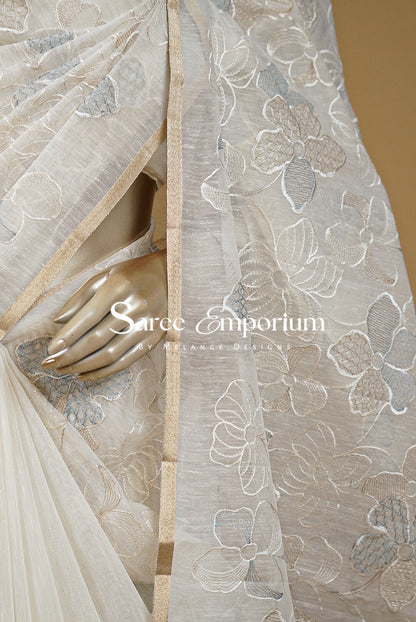 Silk Embroidery Saree For Women Off White and Powder Blue 