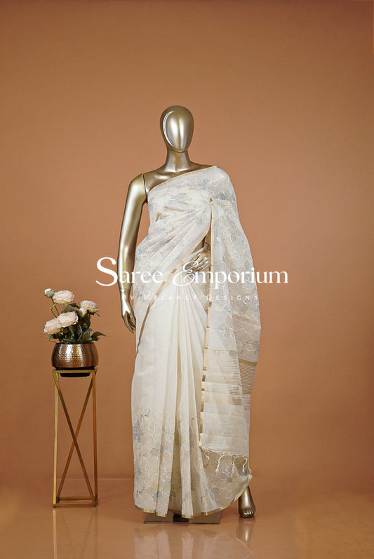 Silk Embroidery Saree For Women Off White and Powder Blue 