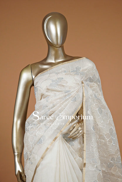 Silk Embroidery Saree For Women Off White and Powder Blue 