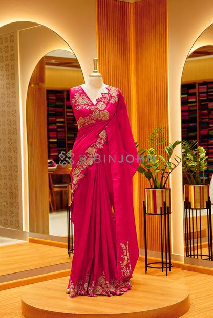 Silk Embroidery Saree For Women Rani Pink 