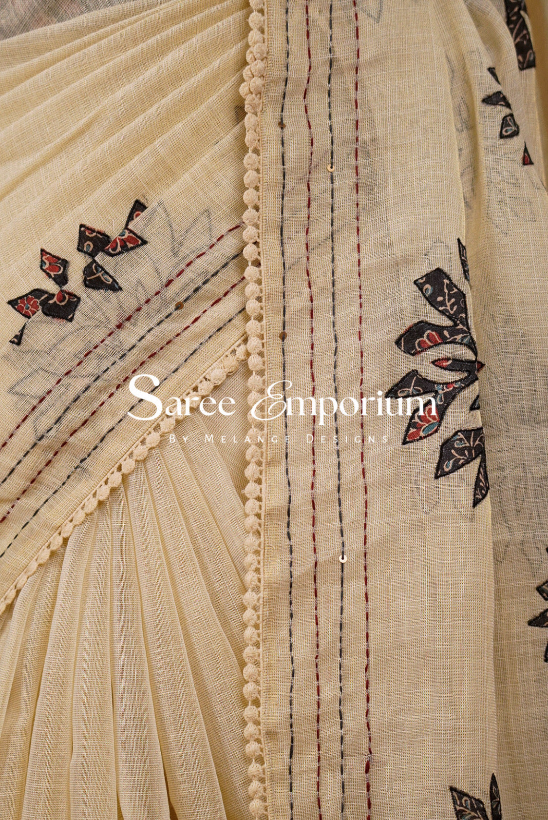 Tissue Linen Embroidery Saree For Women Cream with Black Side View.
