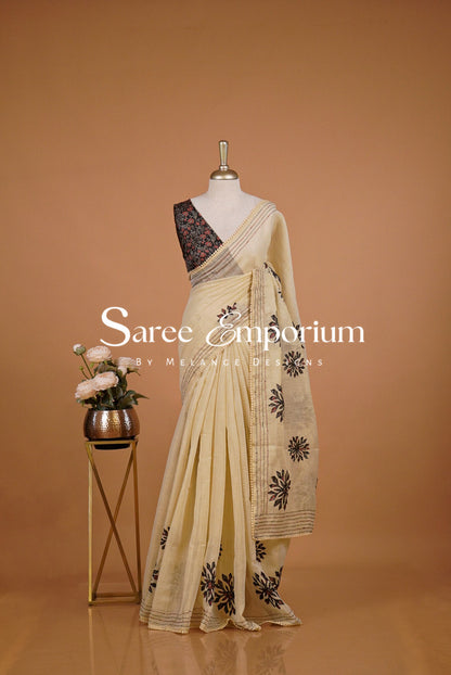 Tissue Linen Embroidery Saree For Women Cream with Black