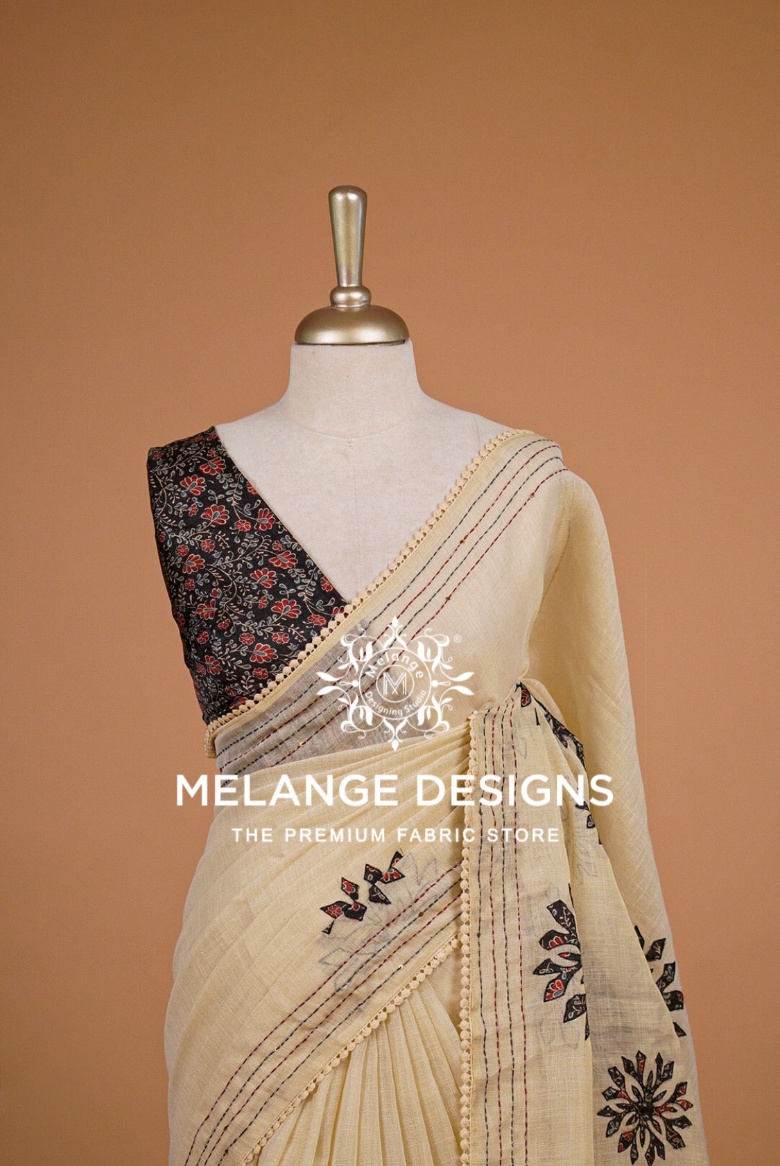 Tissue Linen Embroidery Saree For Women Cream with Black Close Up.