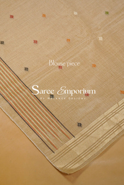 Champagne-Gold saree fabric piece with a striped border and small embroidered motifs.