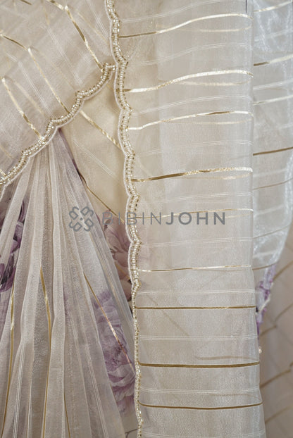Tissue Handwork Embroidery Saree For Women Ivory side view.