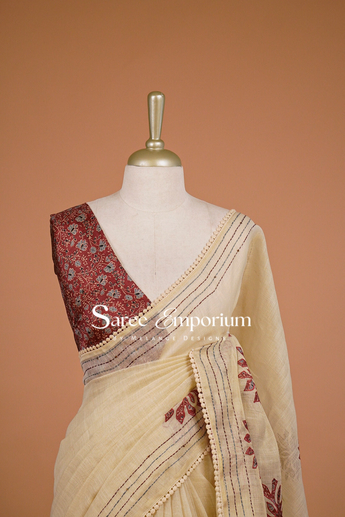 Tissue Linen Embroidery Saree For Women Cream with Rust Red Close Up.