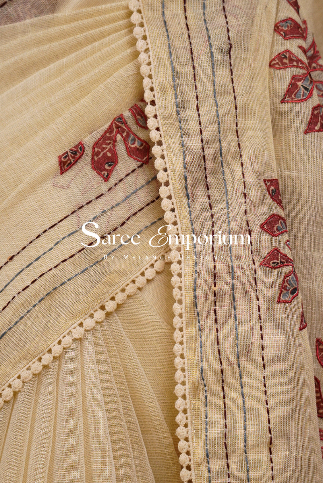 Tissue Linen Embroidery Saree For Women Cream with Rust Red Side View.