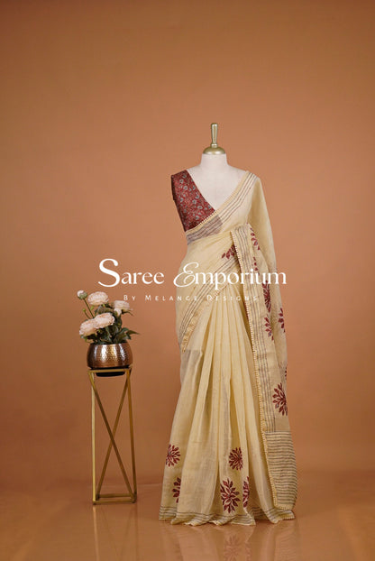 Tissue Linen Embroidery Saree For Women Cream with Rust Red