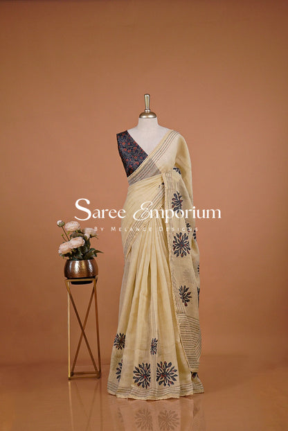 Tissue Linen Embroidery Saree For Women Cream with Navy Blue.