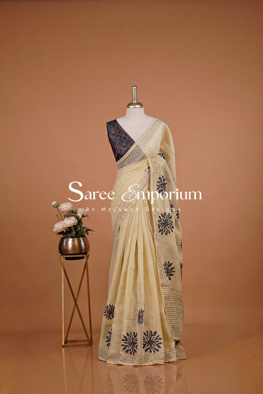 Tissue Linen Embroidery Saree For Women Cream with Navy Blue.