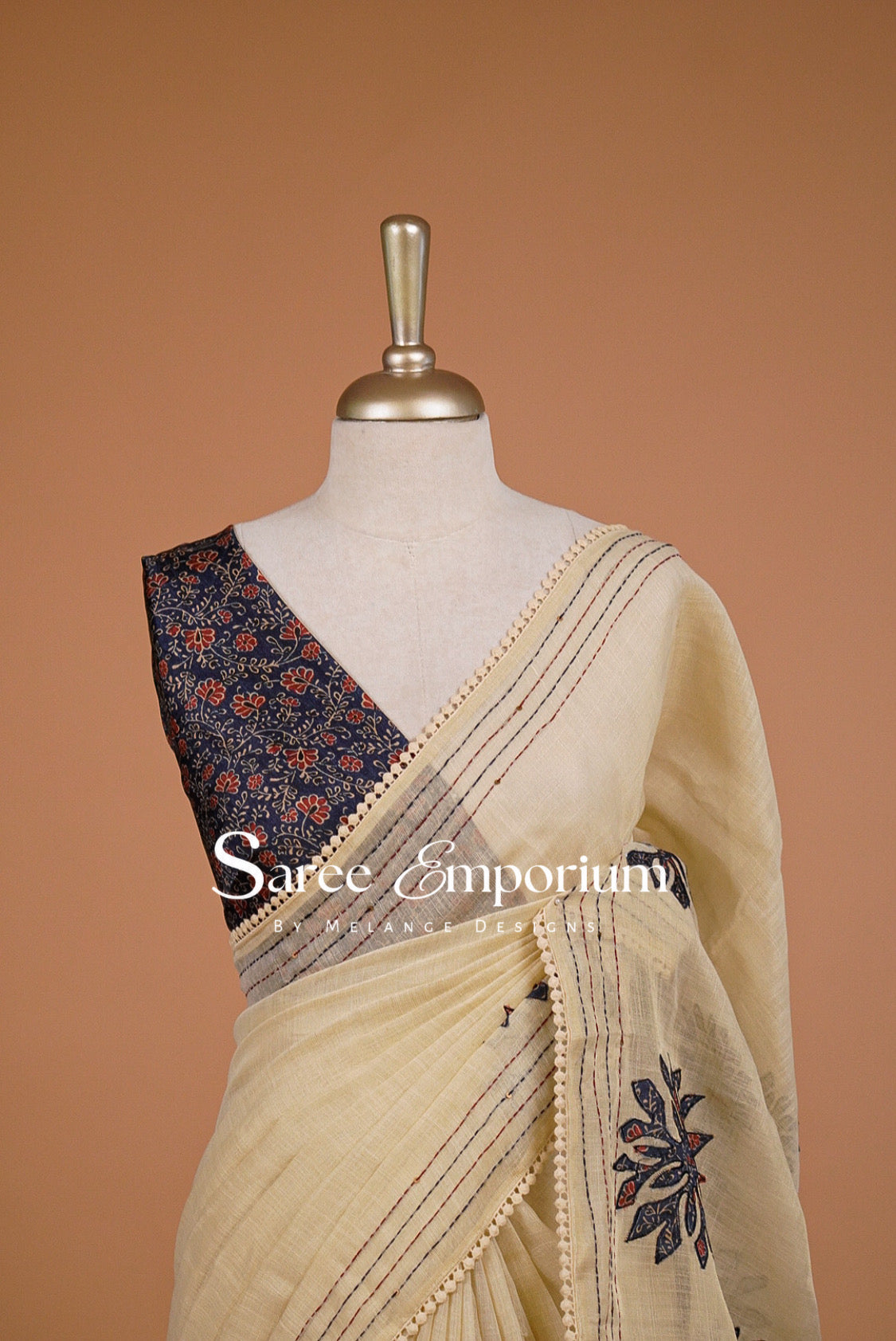 Tissue Linen Embroidery Saree For Women Cream with Navy Blue Close Up.