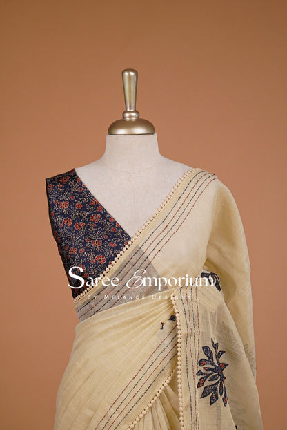 Tissue Linen Embroidery Saree For Women Cream with Navy Blue Close Up.