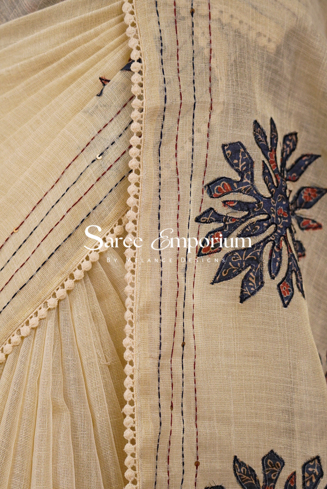 Tissue Linen Embroidery Saree For Women Cream with Navy Blue Side View.