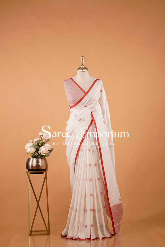 Tissue Linen Embroidery Saree For Women Off-White.