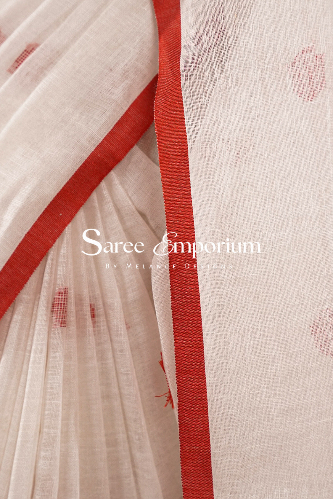 Tissue Linen Embroidery Saree For Women Off-White Side View.