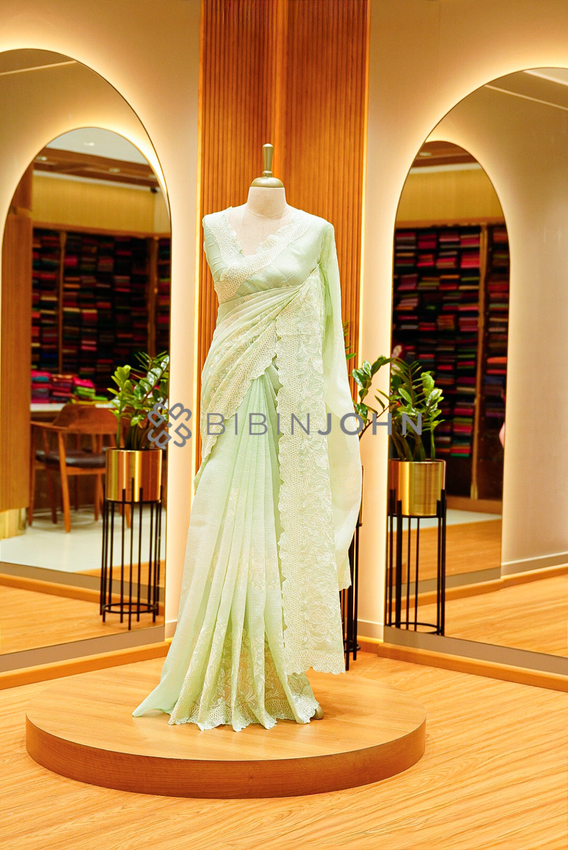 Tissue Organza Embroidery Saree For Women Pastel Pistachio Green