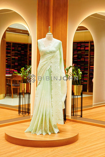Tissue Organza Embroidery Saree For Women Pastel Pistachio Green
