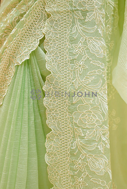 Tissue Organza Embroidery Saree For Women Pastel Pistachio Green SIDE VIEW