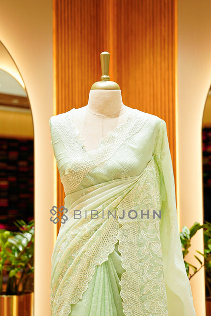 Tissue Organza Embroidery Saree For Women Pastel Pistachio Green CLOSE VIEW
