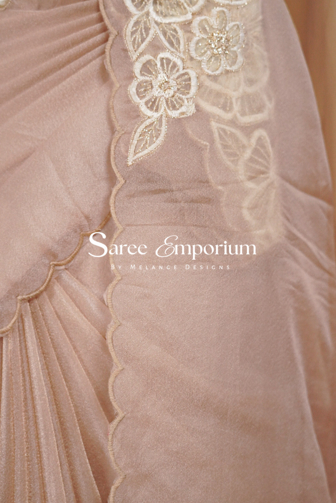 Tissue Organza Applique Saree For Women Blush Beige Side View.