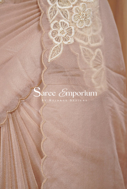 Tissue Organza Applique Saree For Women Blush Beige Side View.