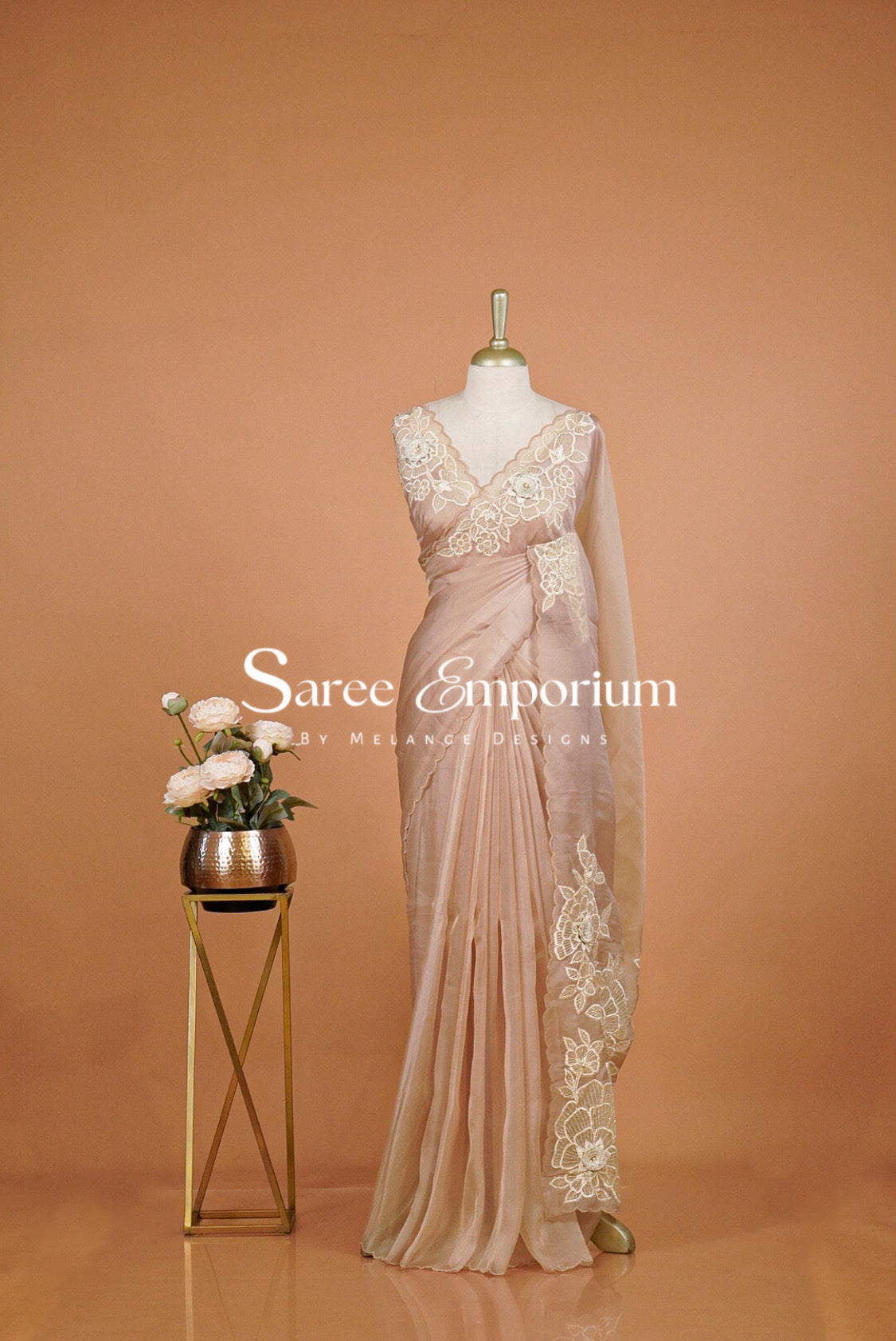Tissue Organza Applique Saree For Women Blush Beige