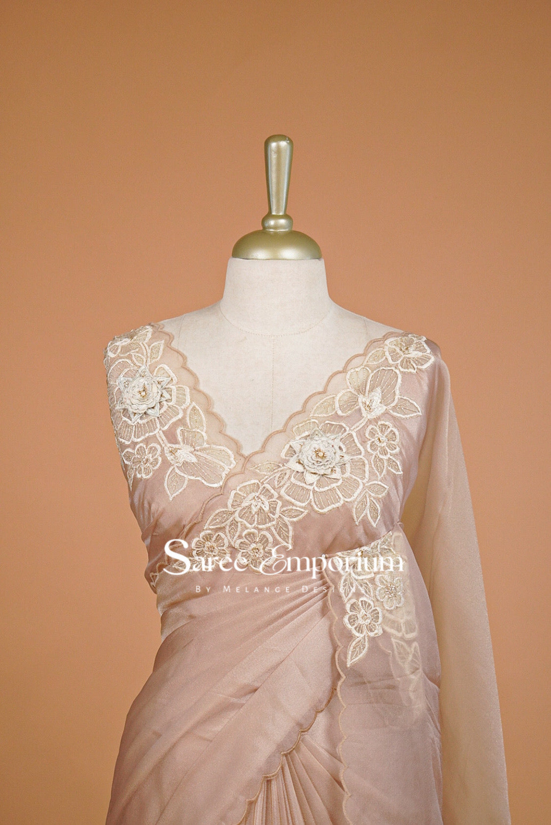 Tissue Organza Applique Saree For Women Blush Beige Close Up.