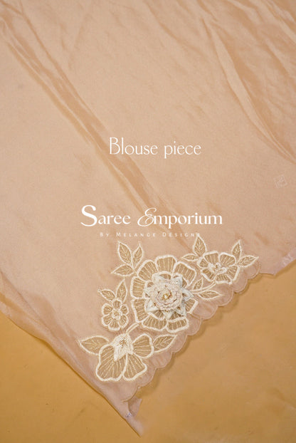 Tissue Organza Applique Saree For Women Blush Beige Blouse Piece.