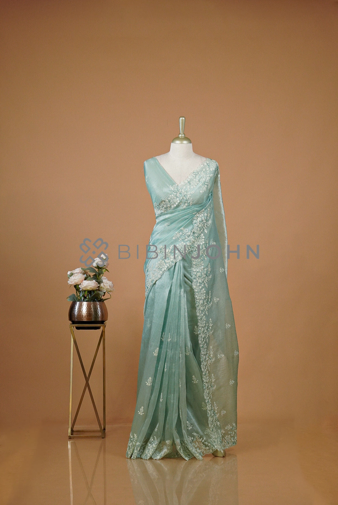 Tissue Organza Embroidery Saree For Women Seafoam Aqua