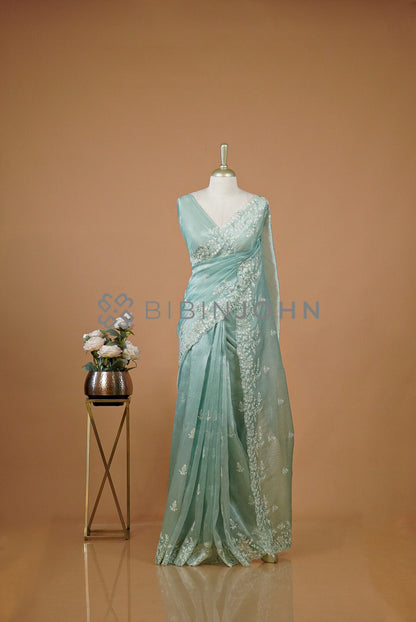 Tissue Organza Embroidery Saree For Women Seafoam Aqua