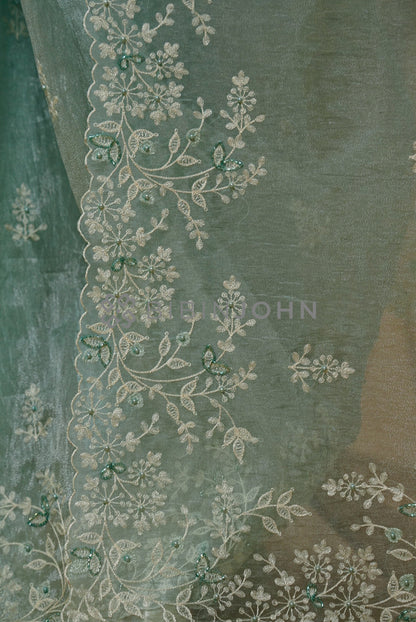 Tissue Organza Embroidery Saree For Women Seafoam Aqua side view