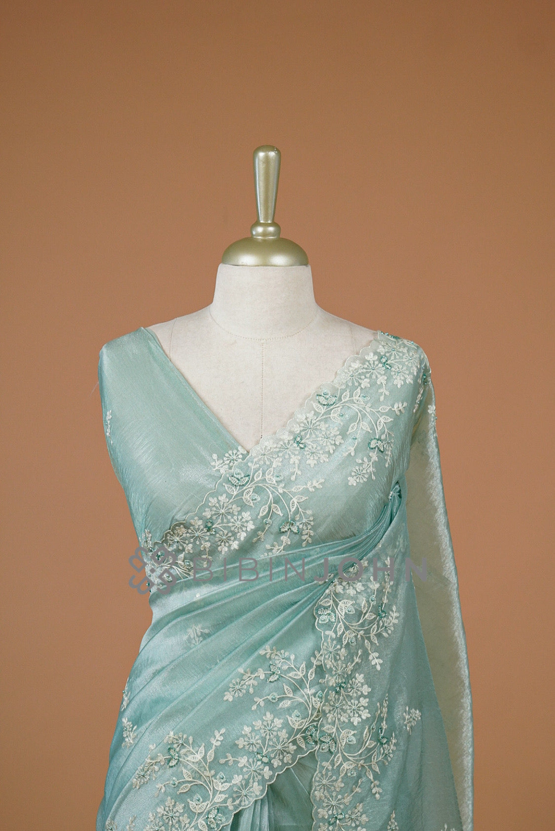 Tissue Organza Embroidery Saree For Women Seafoam Aqua Close view.