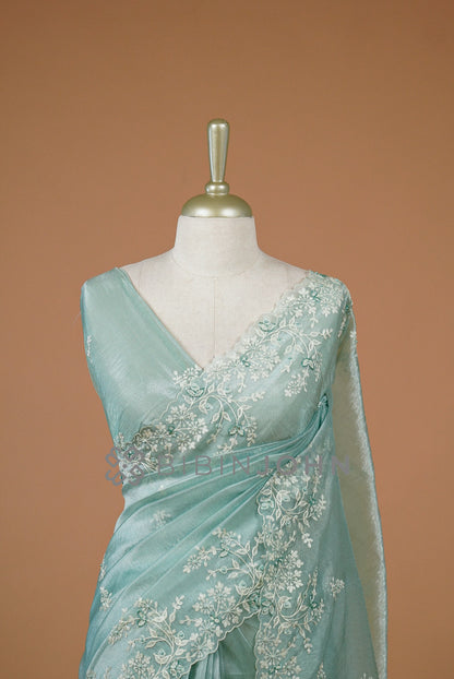 Tissue Organza Embroidery Saree For Women Seafoam Aqua Close view.
