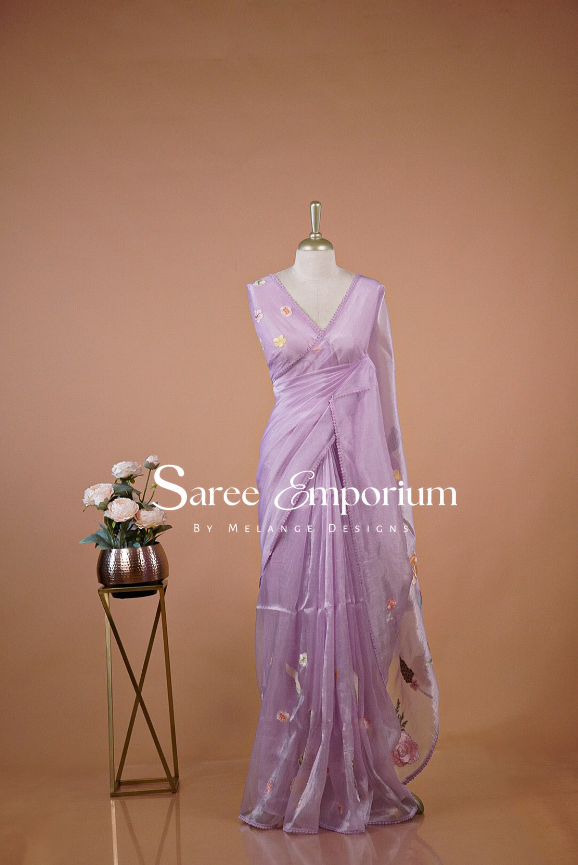 Tissue Organza Embroidery Saree For Women Lavender.